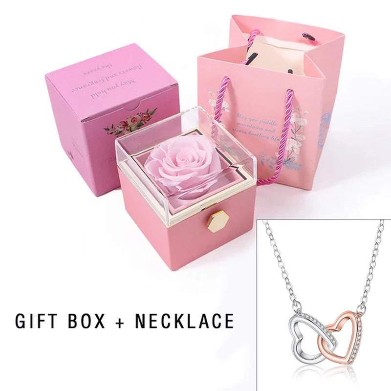 Eternal Rose Box with Heart Necklace for Mom Rotating Rose Flower Rose Creative Rotating Rose Jewelry Packaging Box Mother'S Day