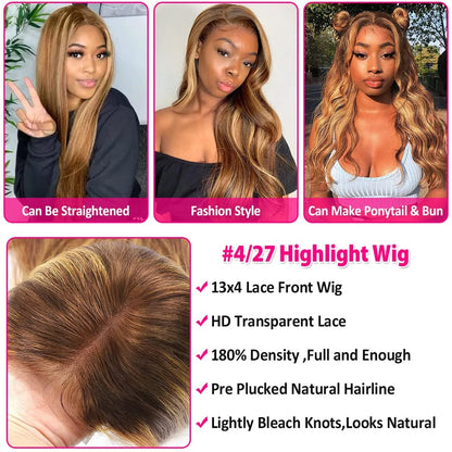 Colored Human Hair Wigs for Black Women Highlight Body Wave Lace Front Wigs Human Hair Pre Plucked 150% Density P4/27 16Inch