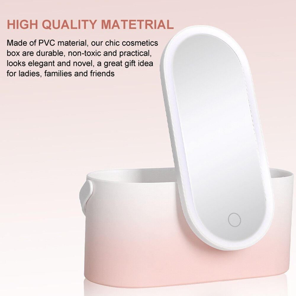 Lighted Makeup Vanity Mirror with Makeup Storage Case Rechargeable LED Light Desktop Makeup Mirror Portable Makeup Beauty Box