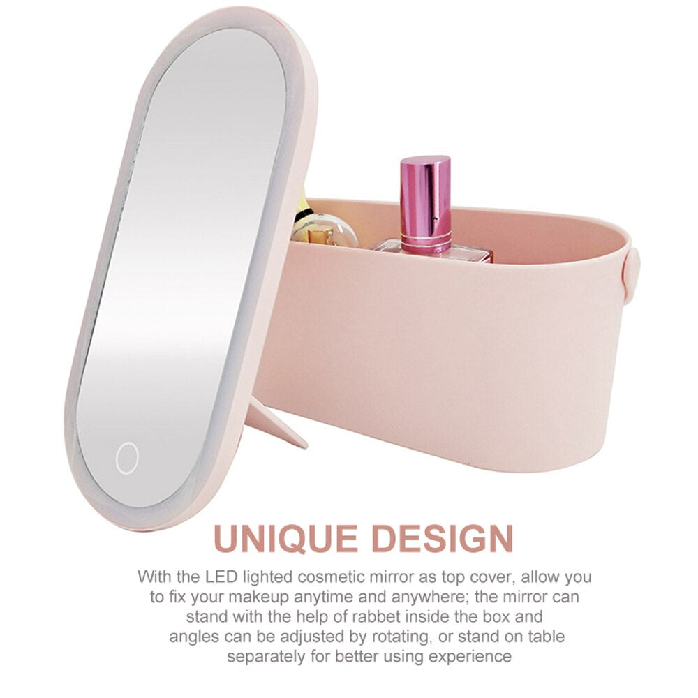 Lighted Makeup Vanity Mirror with Makeup Storage Case Rechargeable LED Light Desktop Makeup Mirror Portable Makeup Beauty Box