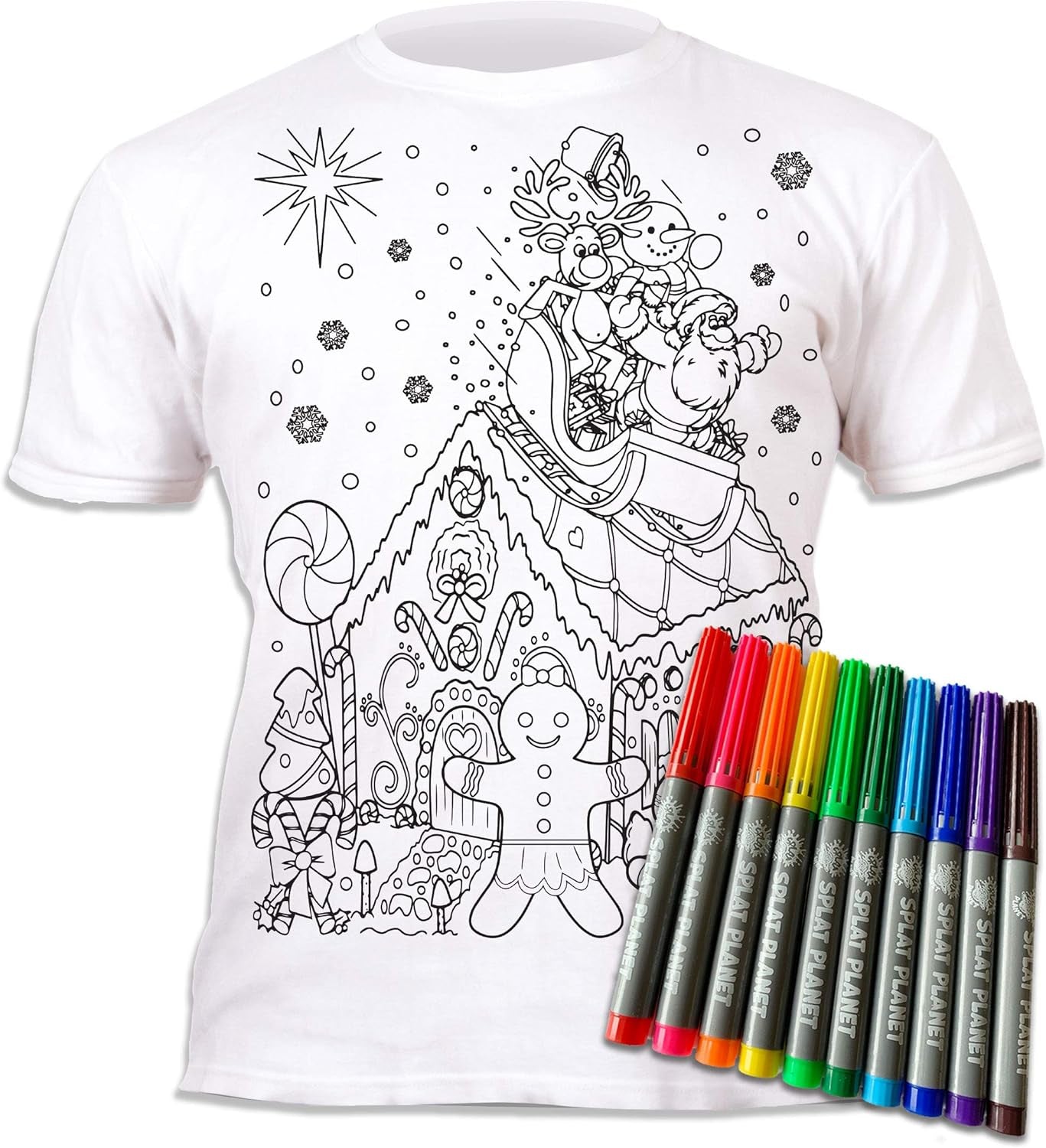 Colour-In Gingerbread Christmas, T-Shirt with 10 Non-Toxic Washable Magic Colouring Pens - Wash Out T-Shirt