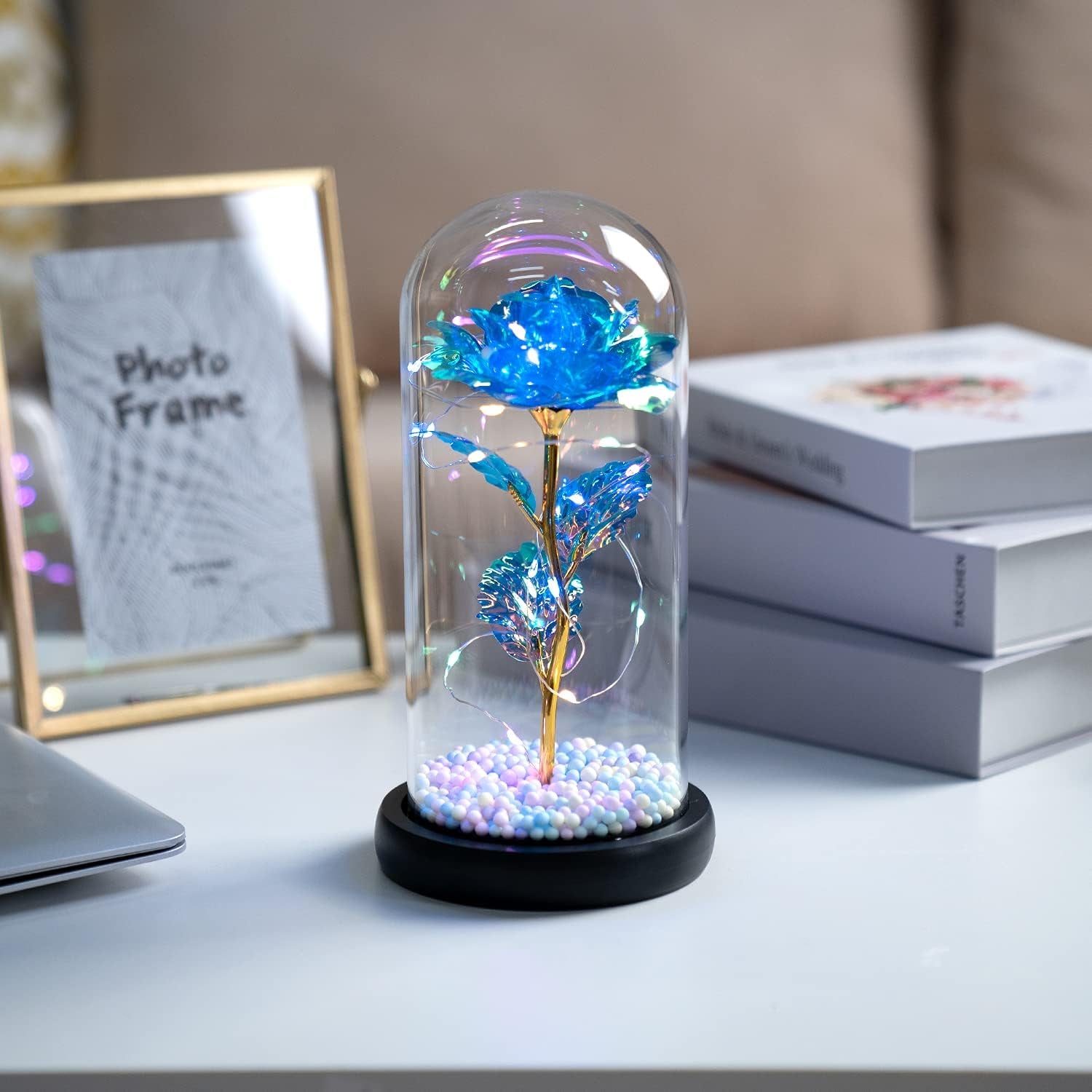 Glass Rose Flower Gift for Women-Blue Artificial Flower Rose in Glass Dome with Adjustable LED -Romantic Galaxy Rose Flower Gifts for Valentine'S Day