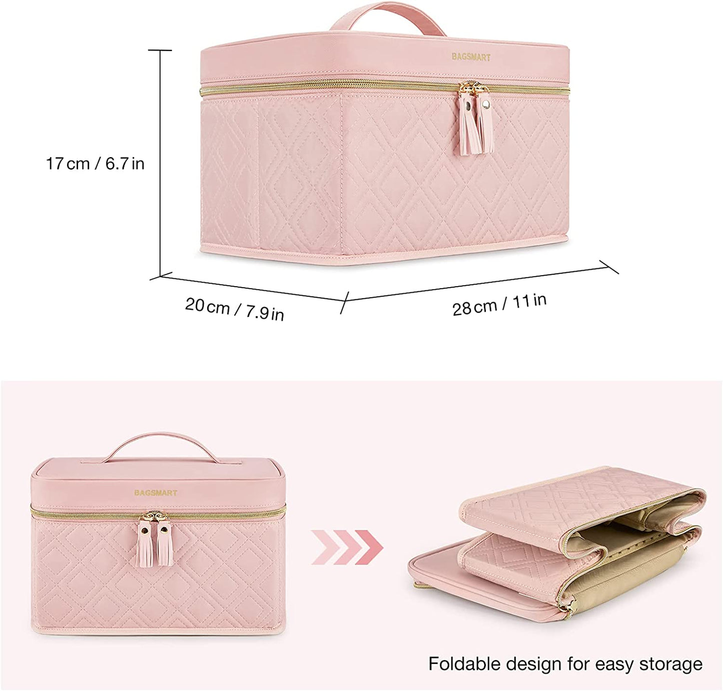 Large Makeup Bag, Travel Makeup Case Makeup Organizer Bag Train Case Cosmetic Bag for Makeup Brushes Palettes Sponge Toiletries,Pink