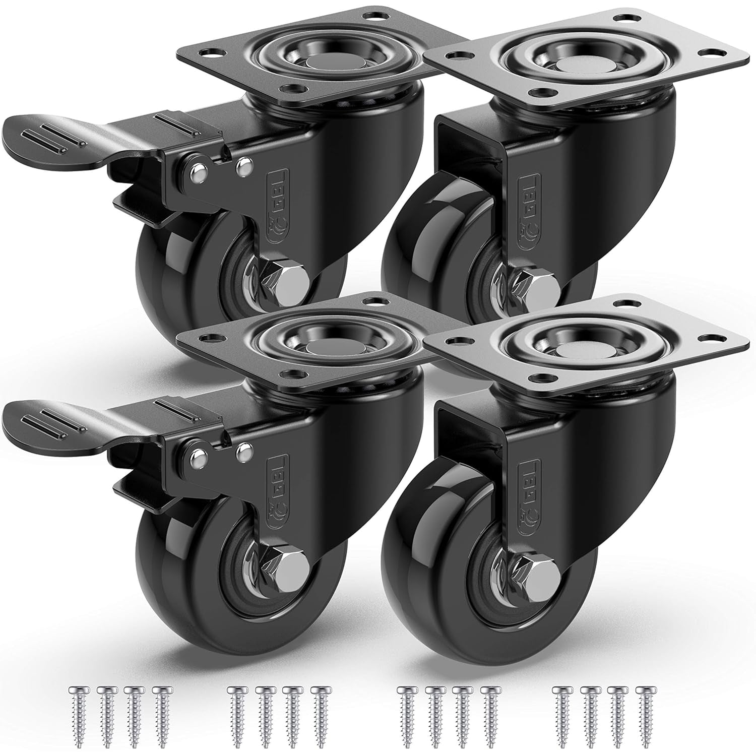 2" Heavy Duty Caster Wheels with 2 Brakes + Screws - up to 440Lbs - Set of 4 No Floor Marks Silent Castor for Furniture - Rubbered Trolley Wheels - Black Casters