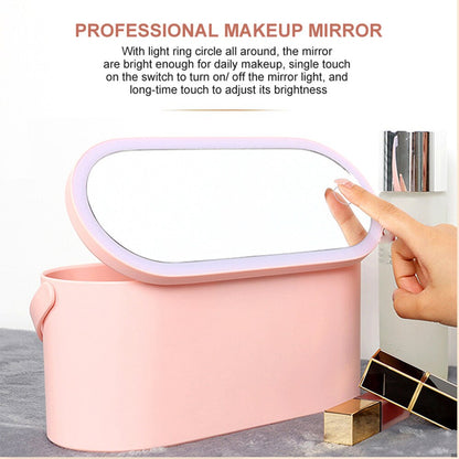 Lighted Makeup Vanity Mirror with Makeup Storage Case Rechargeable LED Light Desktop Makeup Mirror Portable Makeup Beauty Box