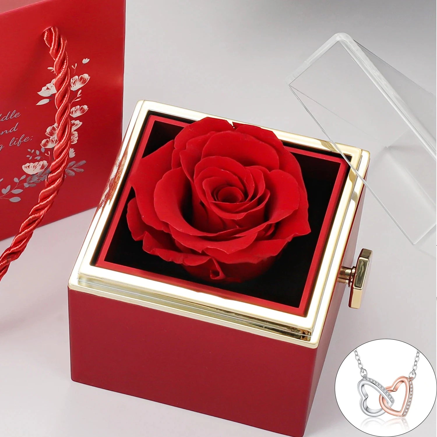 Eternal Rose Box with Heart Necklace for Mom Rotating Rose Flower Rose Creative Rotating Rose Jewelry Packaging Box Mother'S Day