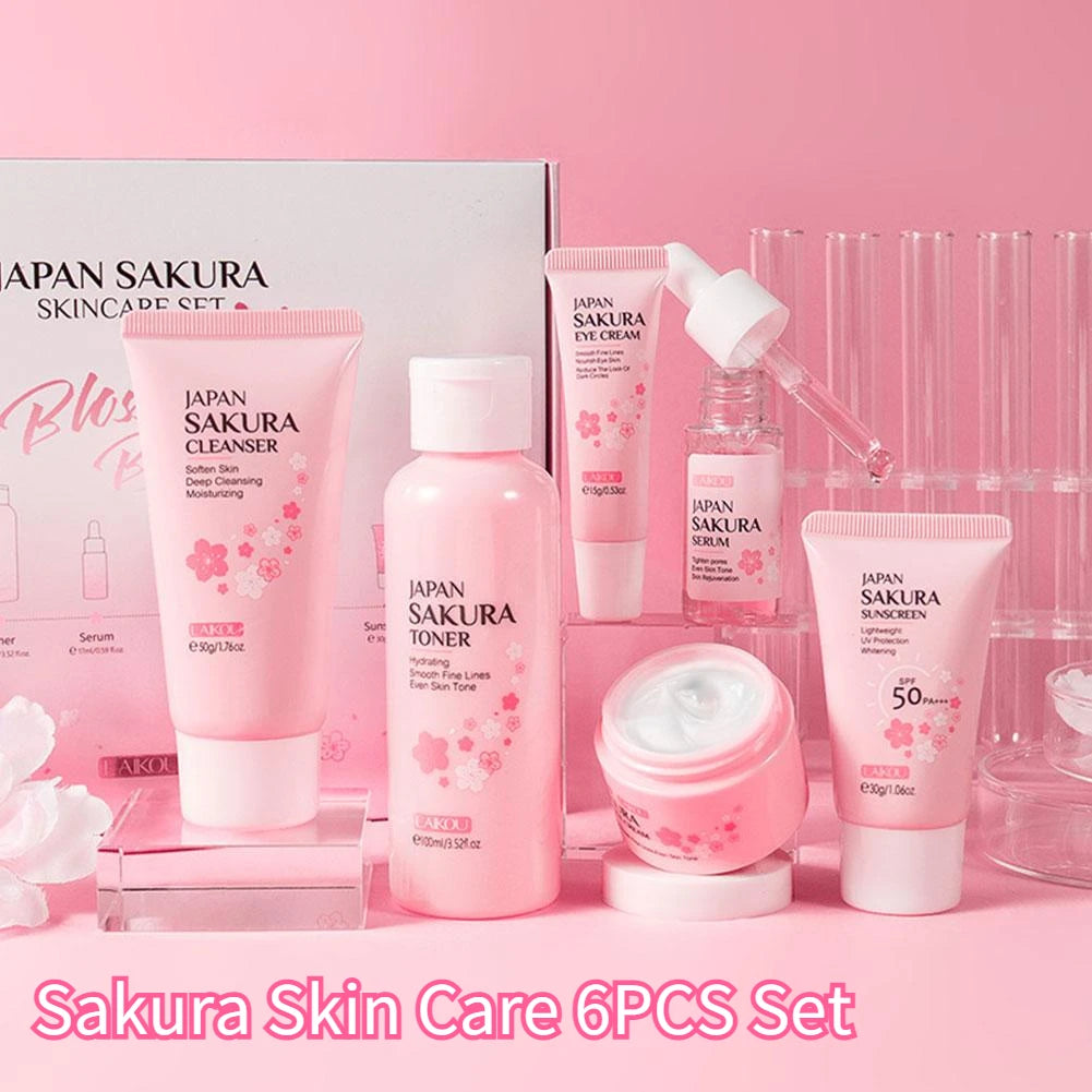 6Pcs/Set Sakura Skin Care Sets Face Cream Serum Toner Facial Cleanser Sunscreen Eye Cream Face Skin Care Set Product Gift Box