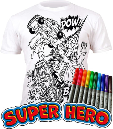 Color in Superhero T-Shirt with 10 Non-Toxic Washable Magic Markers - Color in and Wash Out T-Shirt