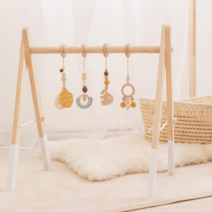 Organic Wooden Play Gym with 4 Hanging Toys Foldable Baby Play Gym Frame Activity Center Hanging Bar Baby Tummy Time Play Gym Ideal Gift for Newborn Baby Boys Girls/Yellow