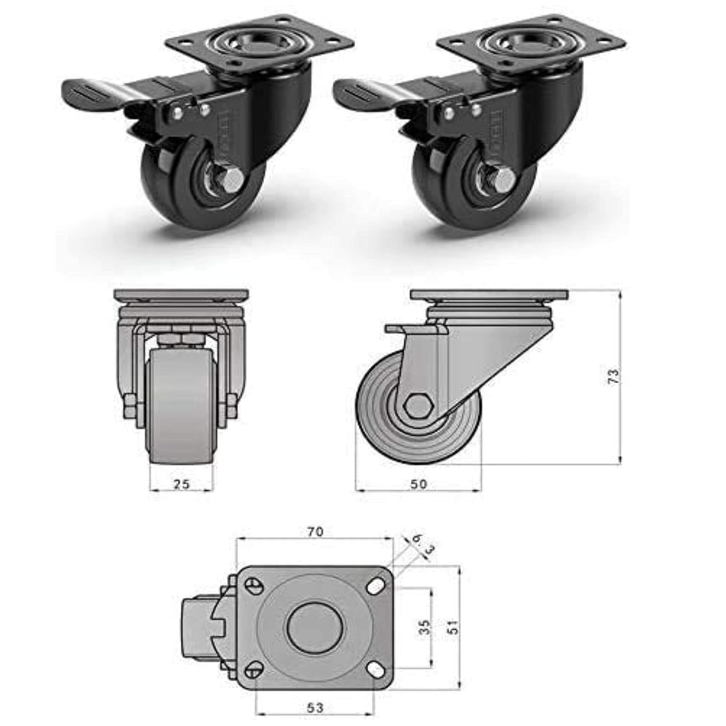 2" Heavy Duty Caster Wheels with 2 Brakes + Screws - up to 440Lbs - Set of 4 No Floor Marks Silent Castor for Furniture - Rubbered Trolley Wheels - Black Casters