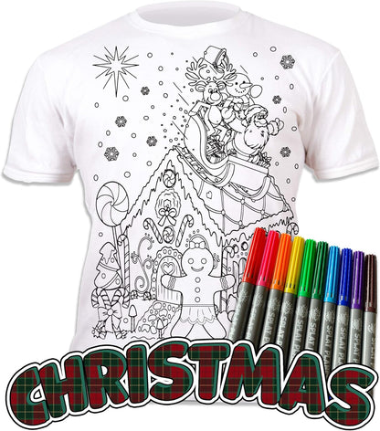 Colour-In Gingerbread Christmas, T-Shirt with 10 Non-Toxic Washable Magic Colouring Pens - Wash Out T-Shirt