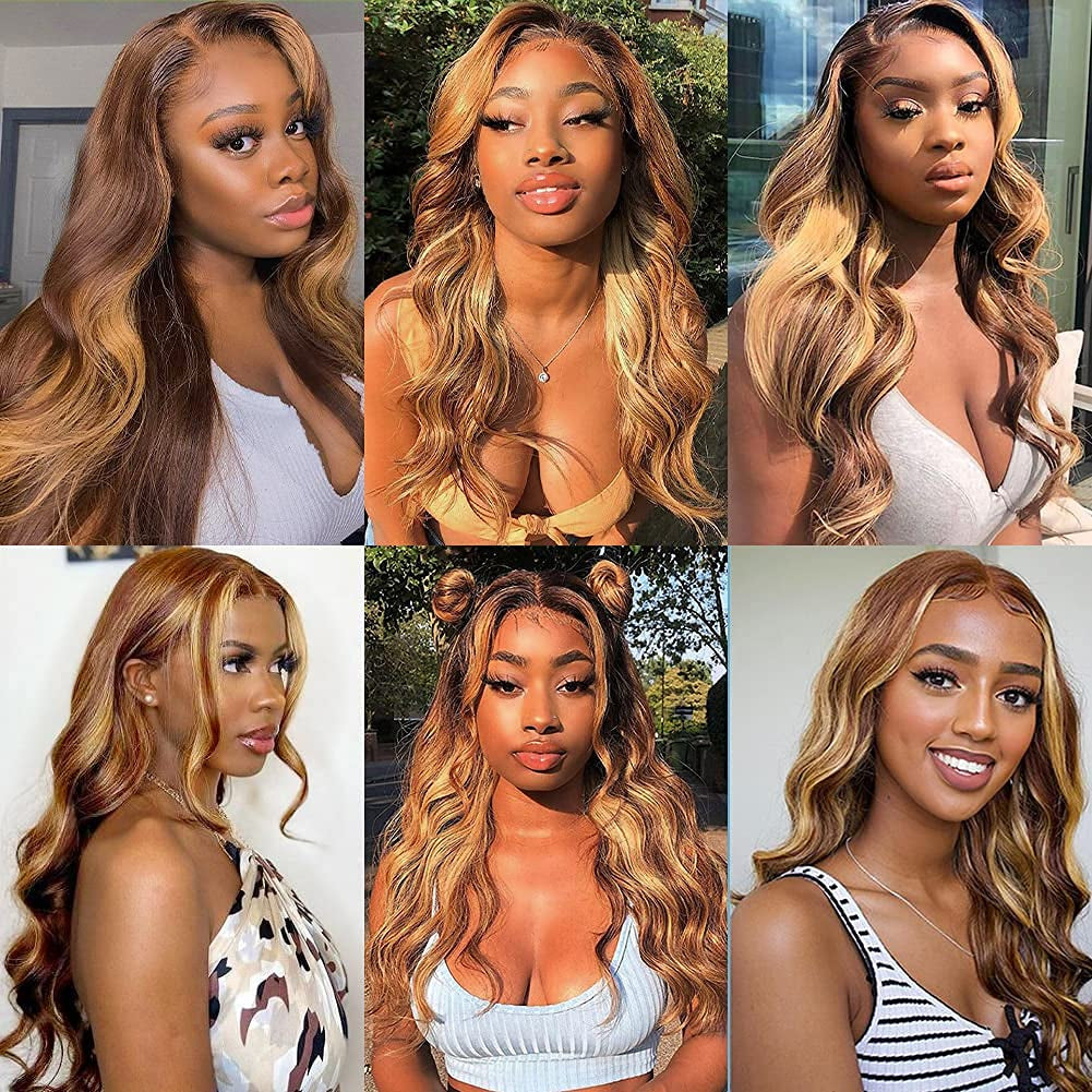 Colored Human Hair Wigs for Black Women Highlight Body Wave Lace Front Wigs Human Hair Pre Plucked 150% Density P4/27 16Inch