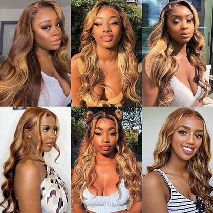 Colored Human Hair Wigs for Black Women Highlight Body Wave Lace Front Wigs Human Hair Pre Plucked 150% Density P4/27 16Inch