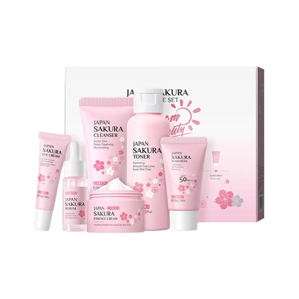 6Pcs/Set Sakura Skin Care Sets Face Cream Serum Toner Facial Cleanser Sunscreen Eye Cream Face Skin Care Set Product Gift Box