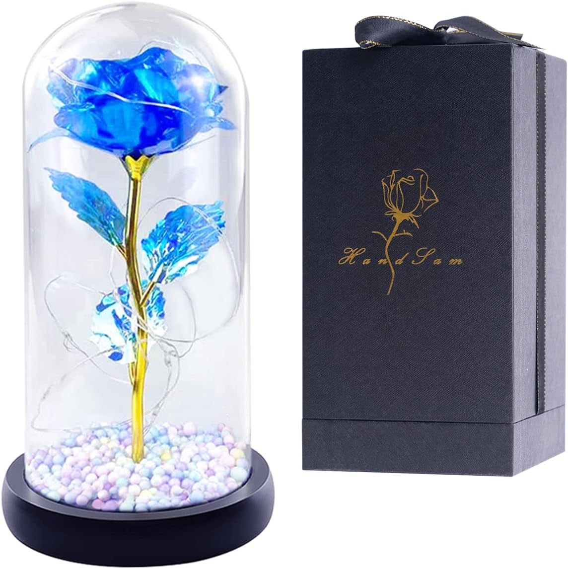 Glass Rose Flower Gift for Women-Blue Artificial Flower Rose in Glass Dome with Adjustable LED -Romantic Galaxy Rose Flower Gifts for Valentine'S Day