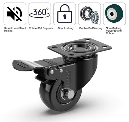 2" Heavy Duty Caster Wheels with 2 Brakes + Screws - up to 440Lbs - Set of 4 No Floor Marks Silent Castor for Furniture - Rubbered Trolley Wheels - Black Casters