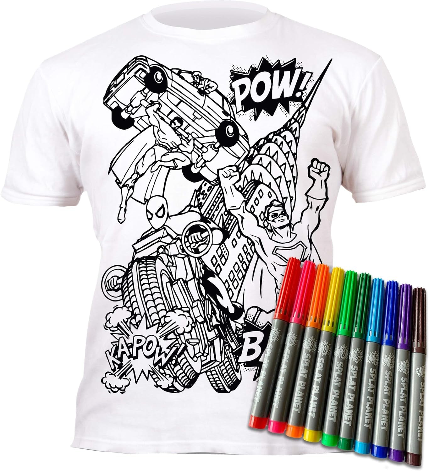 Color in Superhero T-Shirt with 10 Non-Toxic Washable Magic Markers - Color in and Wash Out T-Shirt