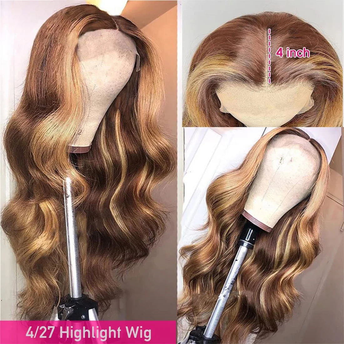 Colored Human Hair Wigs for Black Women Highlight Body Wave Lace Front Wigs Human Hair Pre Plucked 150% Density P4/27 16Inch