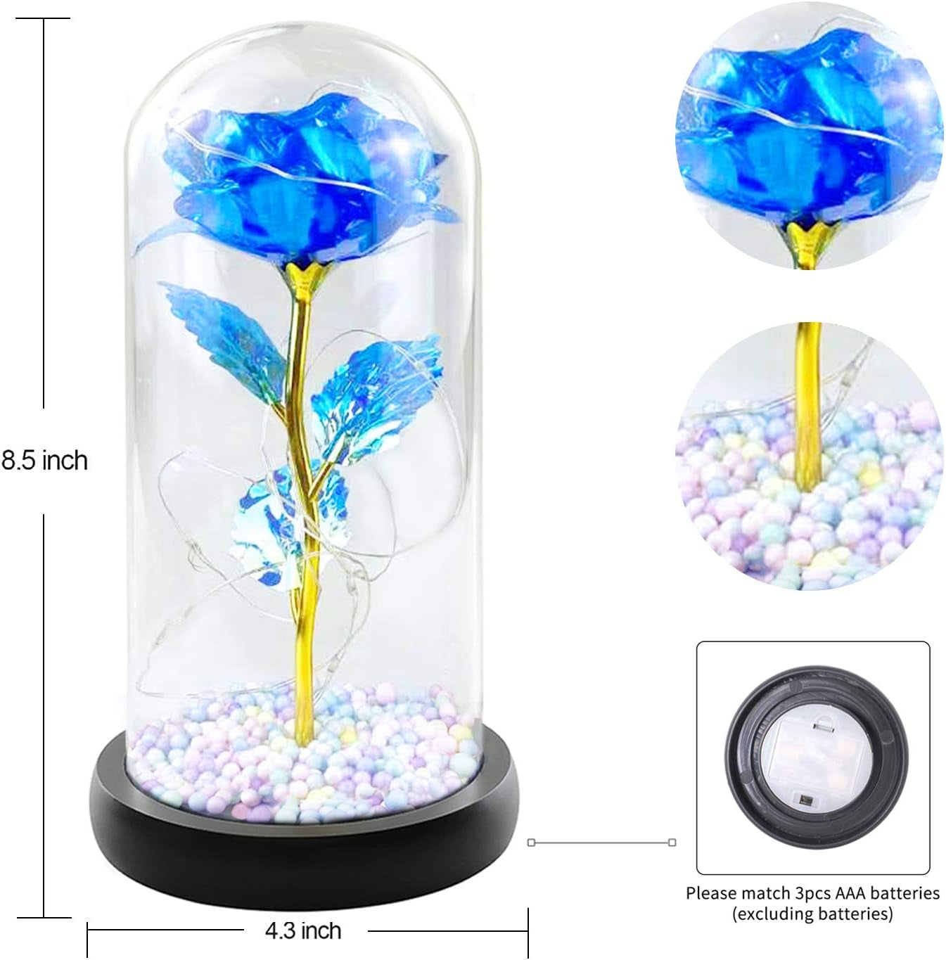 Glass Rose Flower Gift for Women-Blue Artificial Flower Rose in Glass Dome with Adjustable LED -Romantic Galaxy Rose Flower Gifts for Valentine'S Day